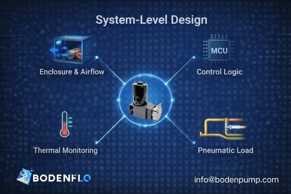 A diagram showing a pump at the center, interconnected with airflow, control logic, and tubing