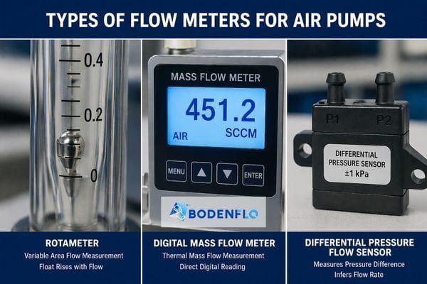 Close-up images of a rotameter float, a digital mass flow meter display, and a differential pressure sensor
