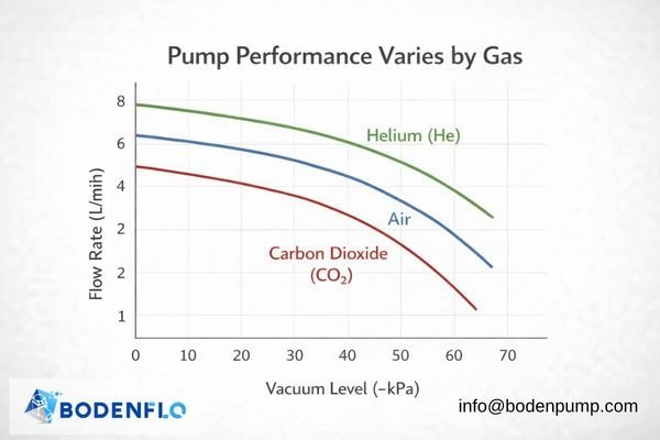 A graph showing three different performance curves (Flow vs. Vacuum) on the same chart, one for Air, one for CO2 (lower), and one for Helium (higher).