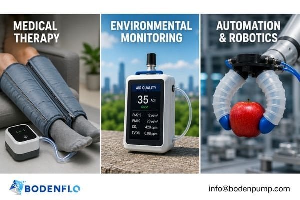 Collage of applications: a handheld therapy device, a portable gas detector, and a soft robotic gripper
