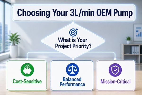 A project manager pointing to a decision tree for selecting the right 3L/min micro pump