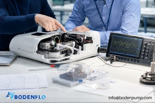A photo of BODENFLO engineers collaborating with a client over a device prototype