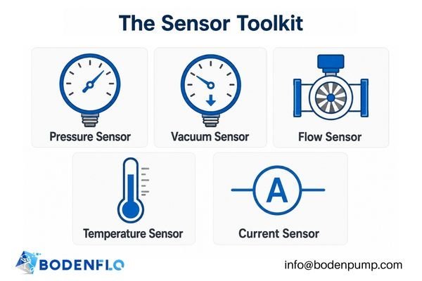A grid of icons representing different sensor types: pressure gauge, vacuum gauge, flow meter, thermometer
