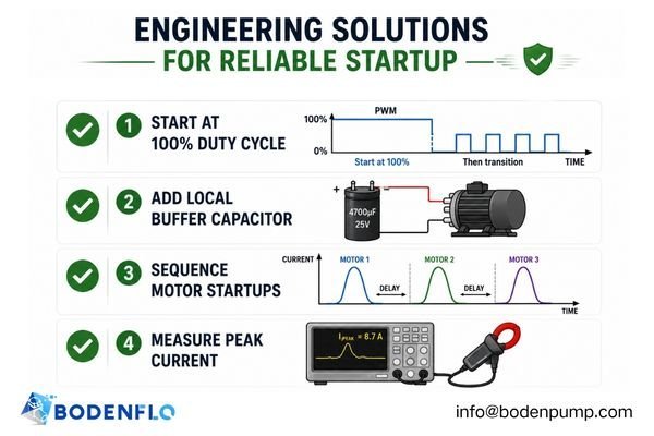 A checklist graphic with icons representing solutions like a capacitor, a 100% PWM start signal, and a soft-start circuit.