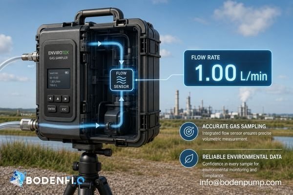 An environmental monitoring device in the field with a flow sensor icon ensuring accurate air sampling