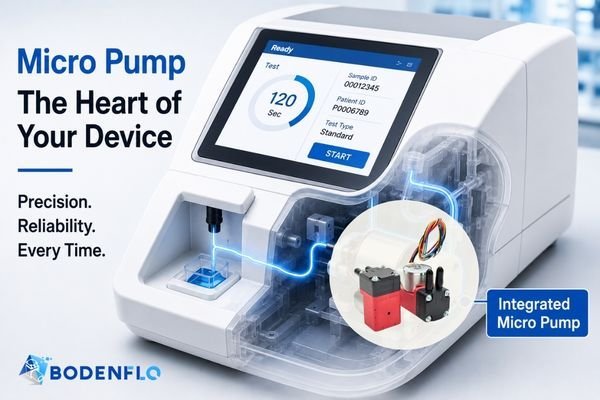 An image showing a clean, modern medical device with a callout showing a micro pump integrated inside.