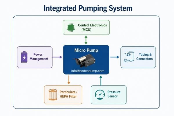 A schematic showing a pump connected to tubing, filters, and sensors, illustrating the complete system.