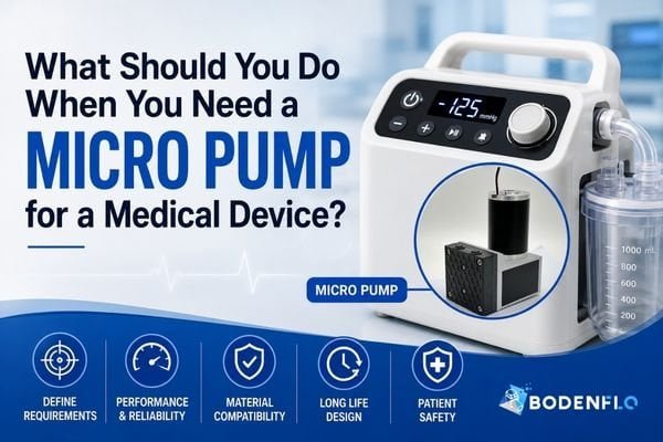 Medical device micro pump selection guide cover image showing a compact medical suction device with integrated miniature diaphragm pump for OEM applications