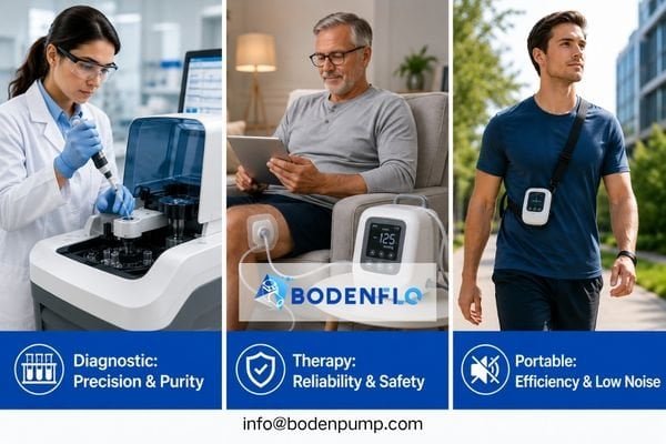 A montage of three scenarios: a lab technician with a diagnostic machine, a patient using a therapy device, and someone carrying a portable medical device.