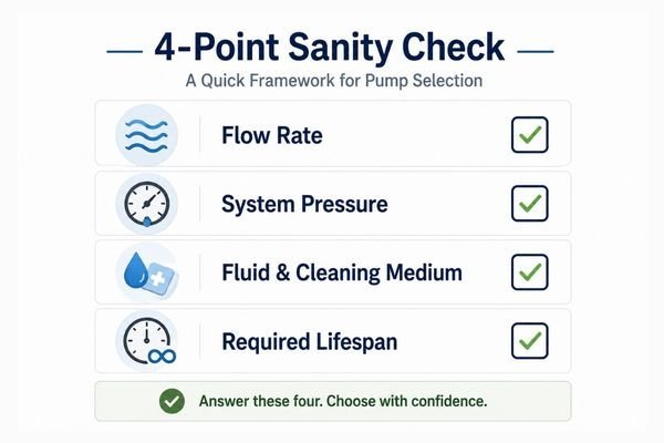 A simple checklist graphic with icons for Flow, Pressure, Medium (a liquid drop), and Lifetime (a clock).