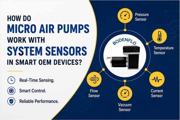micro air pump sensor integration cover image showing pressure sensor, flow sensor, vacuum sensor, temperature sensor, and current sensor for smart OEM devices
