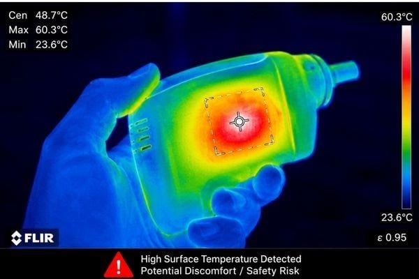 A thermal camera image of a handheld device showing a hot spot where the internal pump is located.