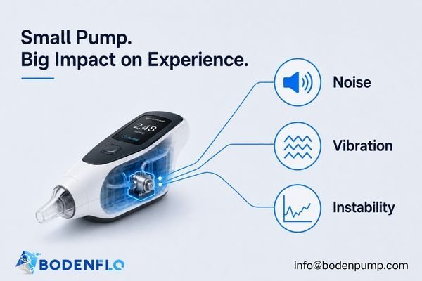 An infographic showing a device with arrows pointing from an internal pump to user experience icons for noise, vibration, and instability.