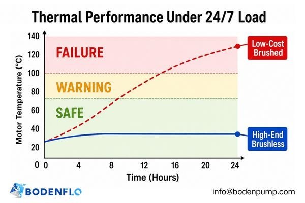 A graph showing motor temperature over time for a high-end pump (stable) vs a low-cost pump (overheating)