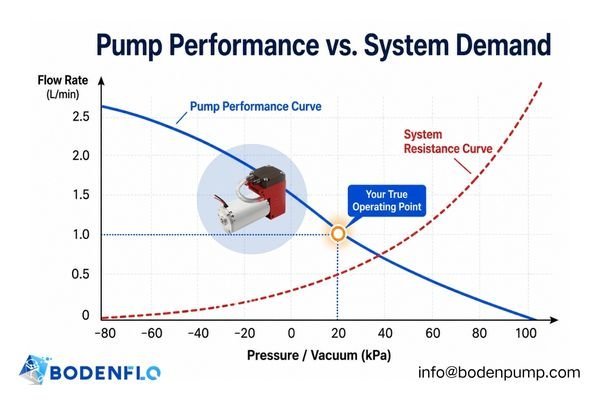 A chart plotting flow rate vs. pressure, with a specific 'Working Point' highlighted.