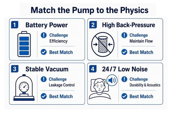 An engineering diagram showing different pump application scenarios and their system loads