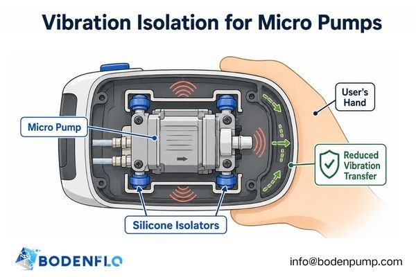 A cutaway view of a handheld device showing vibration isolation mounts (silicone grommets) between the pump and the housing.