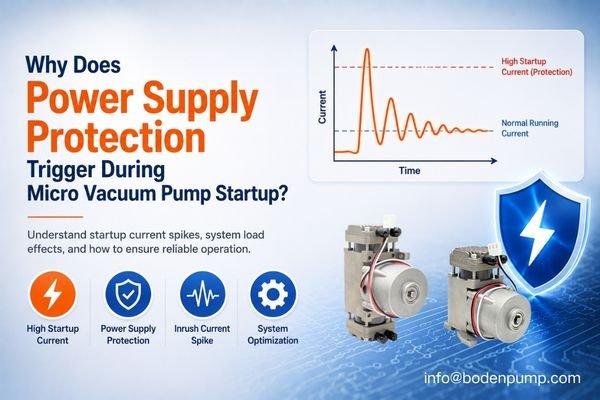 Micro vacuum pump startup current infographic showing power supply protection, inrush current spikes, and system startup load analysis