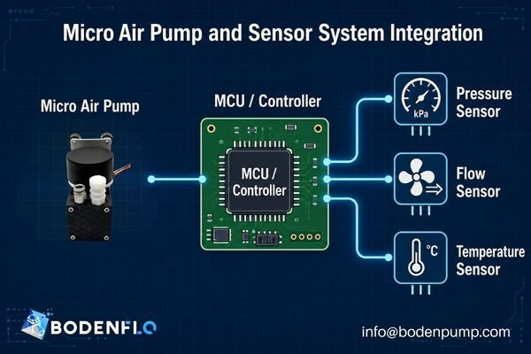 An infographic showing a micro air pump connected to a PCB with lines leading to various sensors like pressure, flow, and temperature