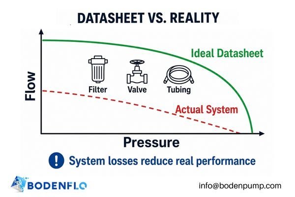 A diagram showing a pump's ideal datasheet curve vs. the actual lower performance curve after tubing and filters are added