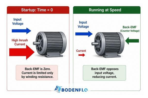 A simple diagram comparing motor current at startup (high) versus running speed (low, due to back EMF).
