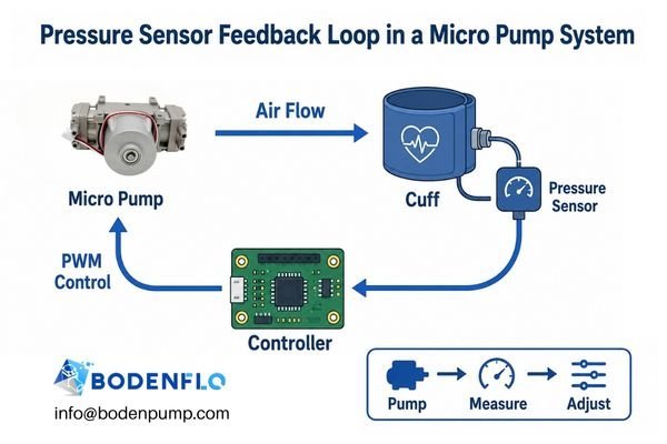 A diagram showing a micro pump inflating a cuff with a pressure sensor providing feedback to a controller