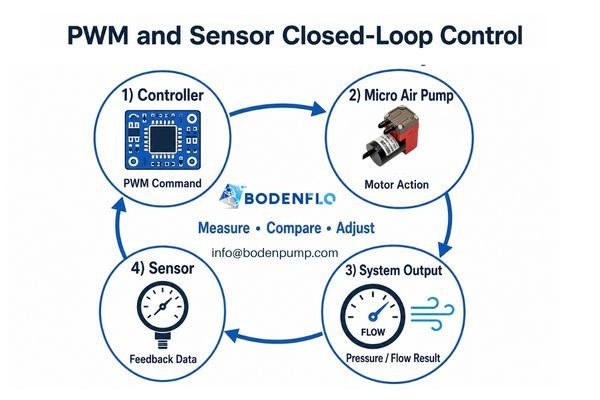 A flowchart showing the closed-loop control: Controller sends PWM -> Pump runs -> Sensor measures output -> Controller compares and adjusts PWM”><figcaption>PWM and Sensor Closed-Loop Control System</figcaption></figure>
</p>
<p>This synergy between PWM control and sensor feedback is the heart of every modern, smart pneumatic system. PWM gives you the ability to "turn the dial" on the pump’s power, but the sensor tells you where the dial is currently pointing. This closed loop allows for incredible precision and stability. For example, in a medical device that needs to maintain a constant pressure of 20 kPa:</p>
<ol>
<li>The controller sets the pump to a 50% PWM duty cycle.</li>
<li>The pressure sensor reads 18 kPa.</li>
<li>The controller sees the actual pressure is lower than the target.</li>
<li>It increases the PWM duty cycle to 55%.</li>
<li>The sensor now reads 20.5 kPa.</li>
<li>The controller slightly reduces PWM to 53% to stabilize at exactly 20.0 kPa.</li>
</ol>
<p>This constant loop of ‘measure, compare, adjust’ happens many times per second, enabling a level of stability and efficiency that open-loop (PWM-only) control can never achieve.</p>
<h3>Where Should Sensors Be Installed in a Micro Pump System?</h3>
<p>You’ve chosen the right sensor, but your system is not responding correctly. Placing the sensor in the wrong location can give you misleading information and sabotage your control loop.</p>
<p><strong>Sensor placement depends entirely on what you need to control: the pump’s direct output, the pressure in a remote chamber, or resistance in the flow path. The best position is where it measures the most critical parameter for your application.</strong></p>
<p><figure><img decoding=