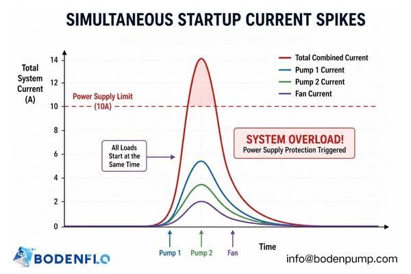 A diagram showing three motors starting at once, their startup current spikes adding up to exceed the power supply's limit.