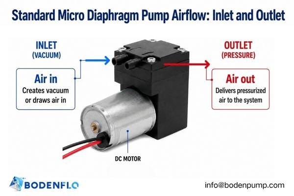 A diagram showing a single diaphragm pump with an arrow indicating air entering the inlet port and another arrow showing air exiting the outlet port