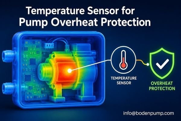 A thermal camera image of a device, with a temperature sensor icon pointing to a hotspot on the micro pump