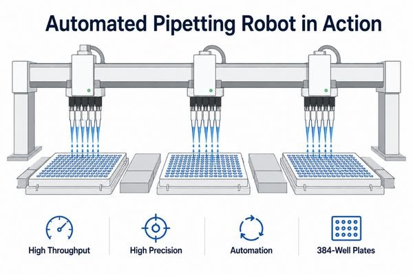 An automated pipetting robot with multiple arms dispensing liquid into several multiwell plates in a laboratory.