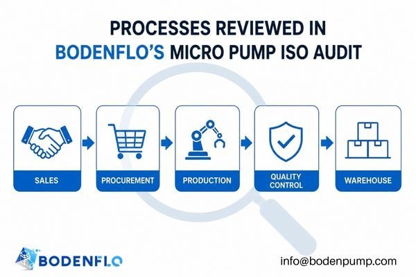 A flowchart graphic showing how an order flows through the audited departments: Sales -> Procurement -> Production -> QC -> Warehouse”><figcaption>Processes Reviewed in BODENFLO’s Micro Pump ISO Audit</figcaption></figure>
</p>
<p>The audit reviewed not only whether documents were available, but whether they were actually followed in daily operations. For us, this is the most important part. OEM projects for <a href=