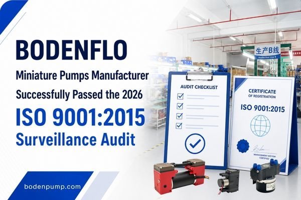 BODENFLO miniature pumps manufacturer successfully passed the 2026 ISO 9001:2015 surveillance audit with audit checklist, certificate, factory background, and micro pump products