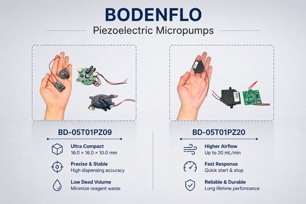 A product image showcasing the BODENFLO BD-05T01PZ09 and BD-05T01PZ20 piezoelectric micropumps.
