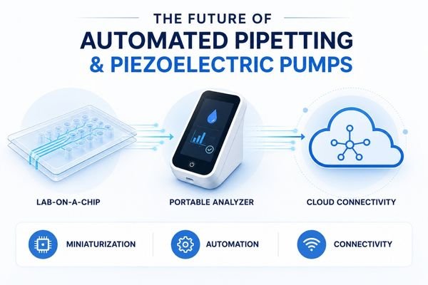 A futuristic graphic showing a lab-on-a-chip device connected to a portable analyzer and a cloud network.
