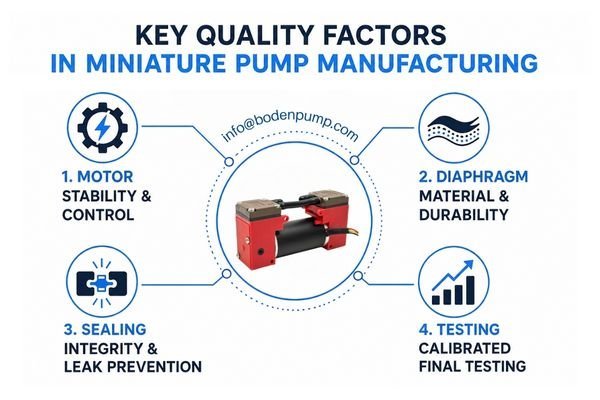 An infographic showing factors affecting micro pump quality like motor, diaphragm, sealing, and testing
