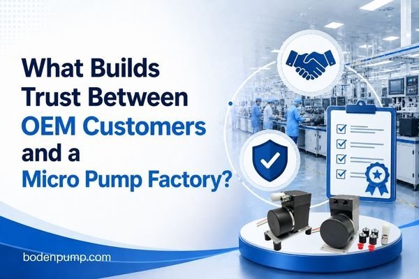 Cover image for an article about trust between OEM customers and micro pump manufacturers, featuring quality assurance, supplier evaluation, factory capability, and engineering partnership concepts.