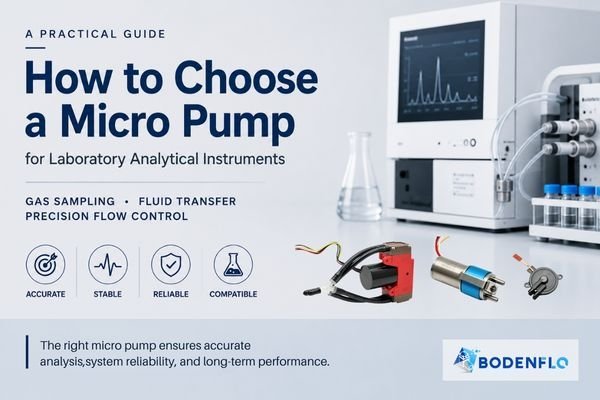 Minimalist cover image for a guide on choosing a micro pump for laboratory analytical instruments, featuring laboratory analyzers and applications such as gas sampling, fluid transfer, and precision flow control.