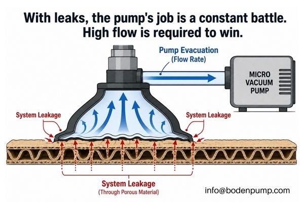 An animation-style image showing air (dots) being pulled from a suction cup by a pump, while new air simultaneously leaks in from the sides of an uneven object.