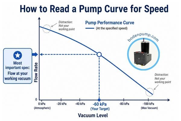 A pump's performance curve, clearly showing the X-axis (Vacuum) and Y-axis (Flow), with an arrow pointing to the flow rate at a specific working vacuum point.
