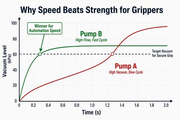 A graph comparing two pumps: Pump A has higher max vacuum but a slower curve. Pump B has lower max vacuum but reaches the 