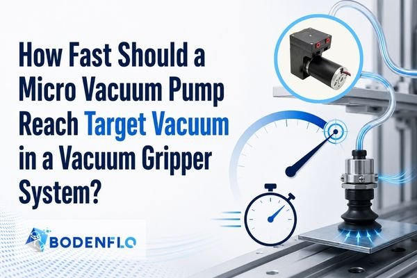 micro vacuum pump reaching target vacuum in a vacuum gripper system with suction cup, vacuum gauge, and response time indicator