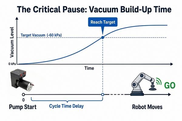 An infographic showing a timeline: a pump starts, the vacuum level rises on a graph, hits the 