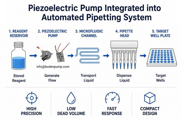An image showing a compact piezoelectric pump integrated into a small liquid handling module.