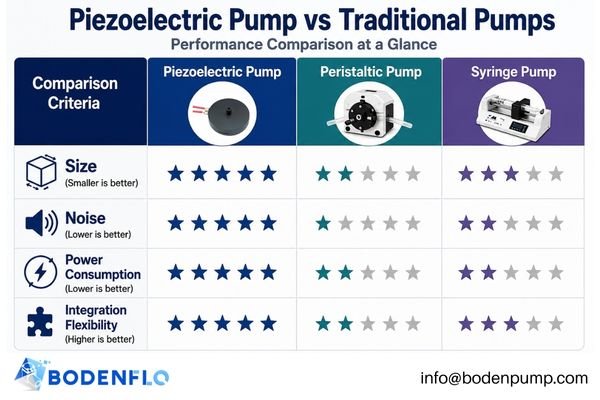 A comparison chart showing icons for Piezo, Peristaltic, and Syringe pumps against criteria like size and noise.