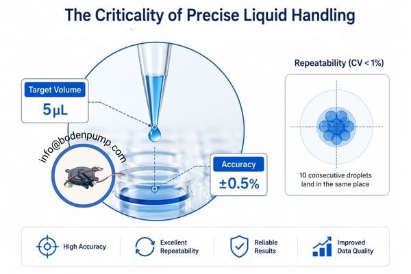 An infographic showing a droplet being dispensed into a well, with callouts for accuracy and repeatability.