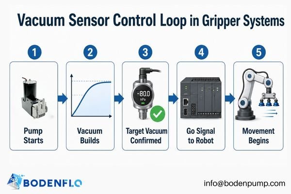 A diagram of a control loop: Pump on -> Vacuum rises -> Sensor detects target vacuum -> Sensor sends 