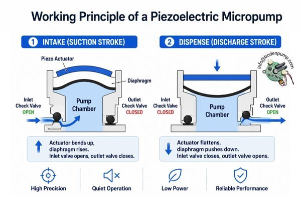A diagram illustrating the working principle of a piezoelectric micropump with actuator, diaphragm, and check valves.