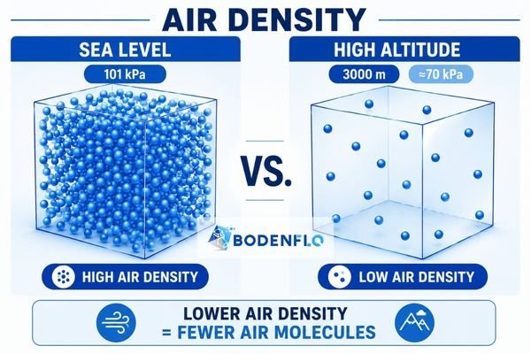 An infographic comparing air molecules in a cube at Sea Level (dense) vs. High Altitude (sparse).