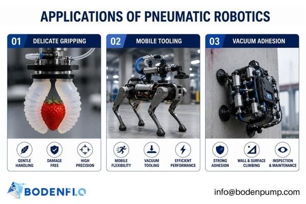 A gallery of images showing the applications listed in the table: a pneumatic gripper, a soft robotic finger, etc.